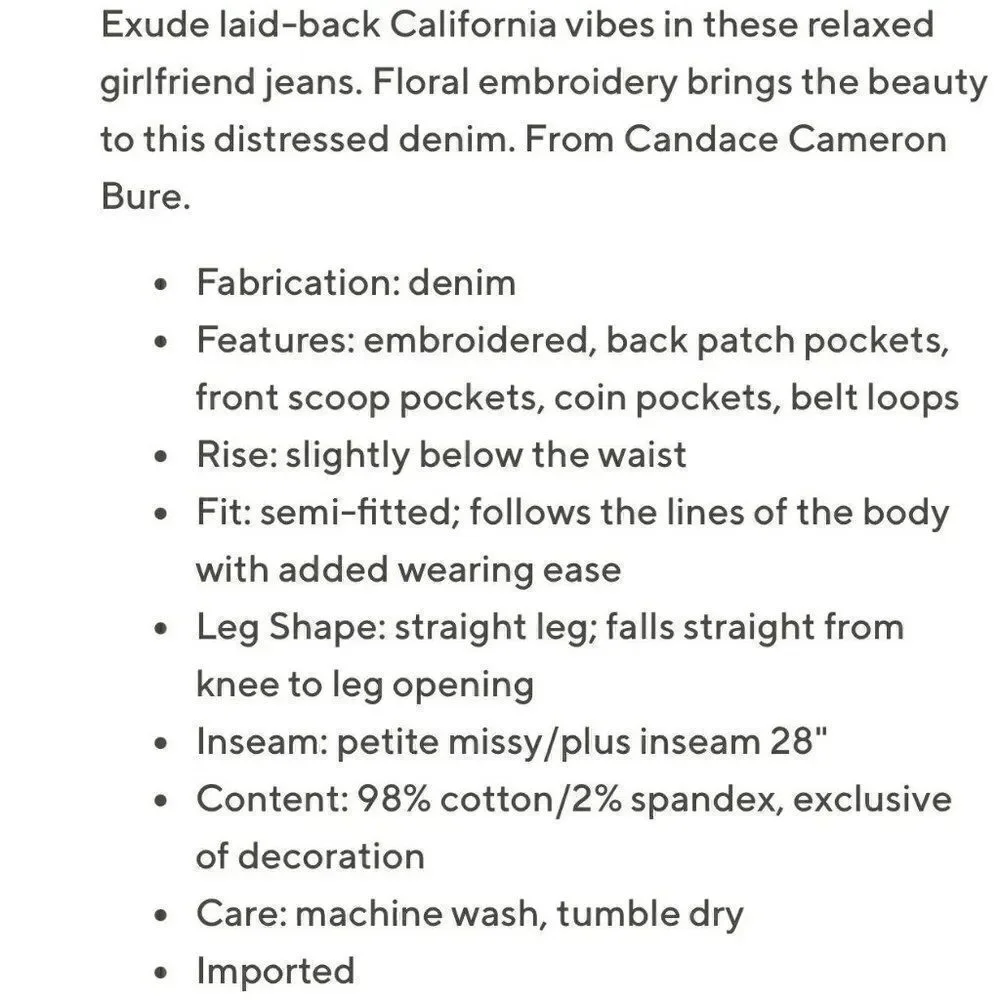 Candace Cameron Bure Embroidered Girlfriend Jean- White Petite A472456 Size